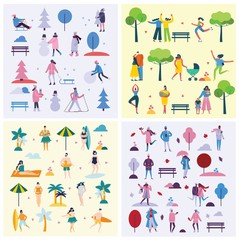 Vector backgrounds of different activities of people in all seasons outdoor- autumn, winter, spring and summer