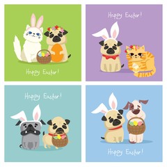 Vector Easter card with cute puppy dogs and cats with rabbit ears, spring flower, eggs and hand drawn text - Happy Easter in the flat style
