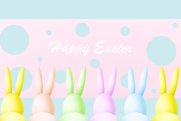 illustration of colored easter rabbits made of eggs look at the inscription happy easter, creative abstract photo on a blue pink background