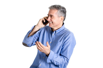 Senior man smiling while talking on the phone. Isolated on white