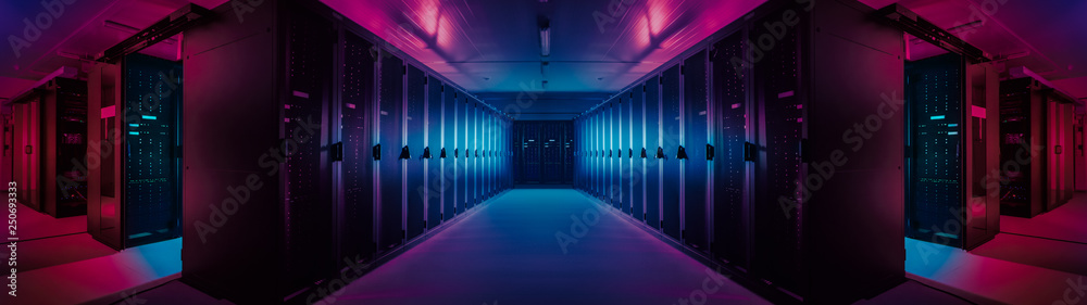 Aufkleber Wide-Angle Panorama Shot of a Working Data Center With Rows of Rack Servers. Red Emergency Led Lights Blinking and Computers are Working. Dark Ambient Light.