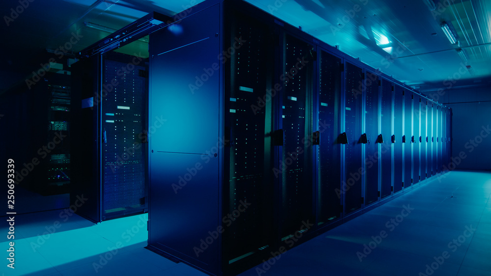 Aufkleber Shot of a Working Data Center With Rows of Rack Servers. Led Lights Blinking and Computers are Working. Dark Ambient Light.