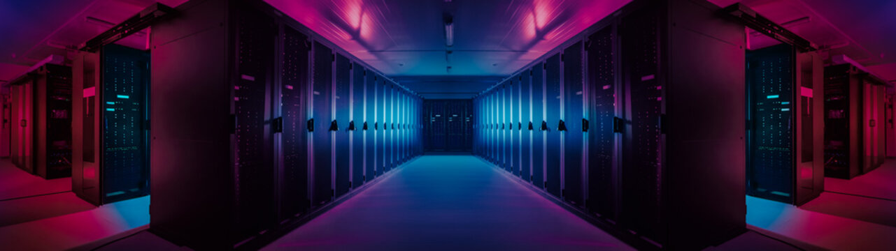 Wide-Angle Panorama Shot Of A Working Data Center With Rows Of Rack Servers. Red Emergency Led Lights Blinking And Computers Are Working. Dark Ambient Light.