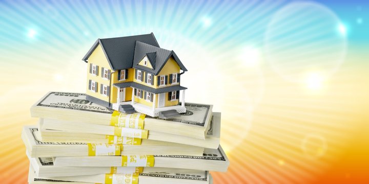 Stack Of Money With House On Background