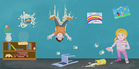 Young girl in a preschool classroom getting into mischief by gluing objects to the wall - Digital children's book illustration
