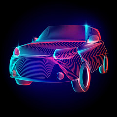 Vector car or automobile vehicle contour silhouette with abstract 3d shapes geometry lines texture and outline gradient waves vintage modern trendy art graphic design illustration on dark background