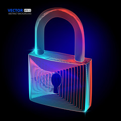 Vector locked padlock cyber security protect with keyhole in abstract 3d geometry lines style and gradient waves texture shapes or wireframe technology concept 3d art design on dark background