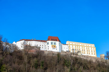 panoramic view to Veste Oberhaus at the hill with river Danube in Passau