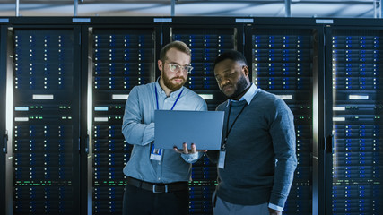 Bearded IT Technician in Glasses with a Laptop Computer and Black Male Engineer Colleague are...