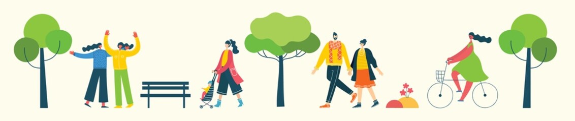 Vector background with different people, couple doing activities, walking and have a rest outdoor in the flat style 