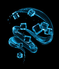 Water splashes in a swirling shape with ice cubes on black background