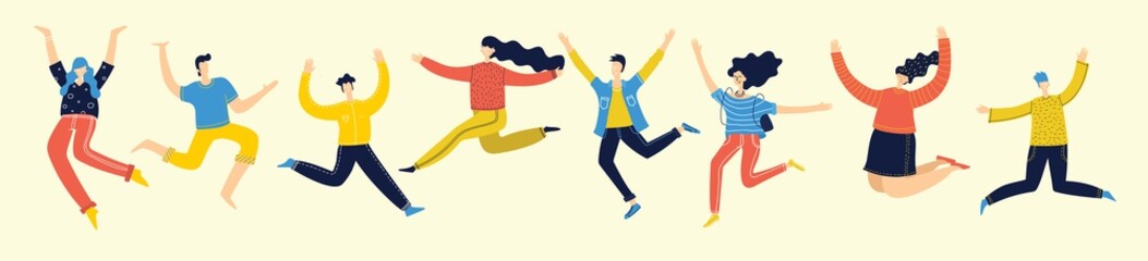 Concept of group of young people jumping on light background. Stylish modern vector illustration with happy male and female teenagers enjoying the life 