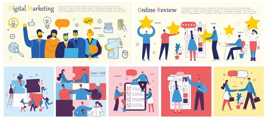Vector illustrations of the office concept business people in the flat style. E-commerce, online education, project management, start up, digital marketing and mobile advertising business concept 