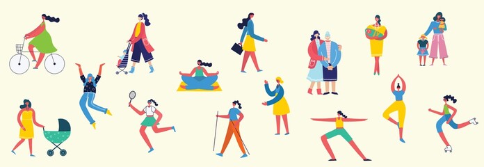 Colorful vector illustration concept set of different activities of women for Happy Women's internarional day cards, posters and banners . Group of happy female friends, mothers in flat design