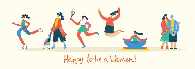 Fototapeta premium Colorful vector illustration concept of Happy to be a woman . Group of happy female friends, union of feminists, sisterhood jumping, doing sports and walking in flat design