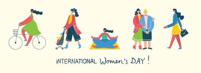 Colorful vector illustration concept of Happy Women's internarional day . Happy female friends, union of feminists, sisterhood holding the placard in flat design