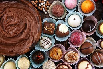 a lot of variety chocolate pralines, belgian confectionery gourmet chocolate