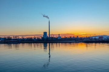 industry at river Danube in Linz, Austria in sunset