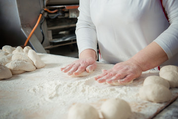 Woman baker make buns from dough