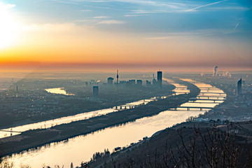 view in morning light to Vienna with river Danube