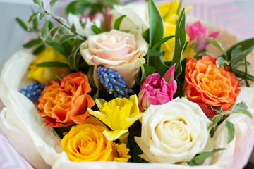rose, narcissus, tulip, muscari, pitosporum,flower, bouquet, rose, wedding, white, flowers, roses, floral, love, pink, nature, bride, red, blossom, bunch, beautiful, decoration, bridal, green, orange,