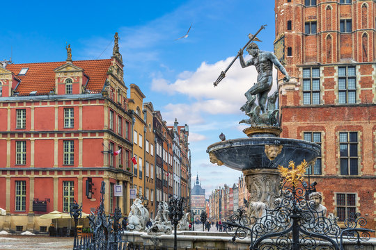 The Neptune's Fountain near the Town Hall of Gdansk, Poland