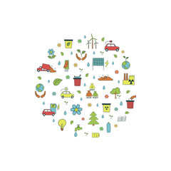 Obraz premium Global environmental problems concept. Colorful template for print with hand drawn symbols of the ecology pollution concept. Vector illustration