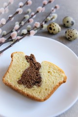 Fototapeta na wymiar Easter homemade cupcake with chocolate bunny on a white plate in the background quail eggs and willow branches