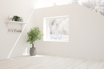 White stylish empty room with winter landscape in window. Scandinavian interior design. 3D illustration