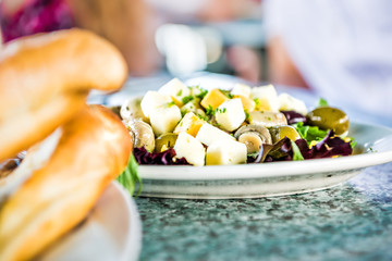 Macro closeup of salad on plate in restaurant with mushrooms, cheese squares, olives and greens