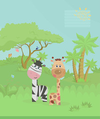 Cover for notebook, exercise book, for notepad, exercise book. Color vector illustration with funny Zebra and giraffe in nature.