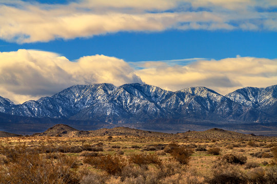 Snow on the San Gabriel Moauntains viewed from the Mojave Desert in California