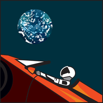 Star man in space suit on car and Earth in open space, shipped on February, 2018. Illustration with astronaut in space with dark sky and car for poster.	