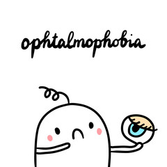 Ophtalmophobia hand drawn illustration with cute marshmallow holding an eye