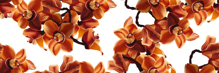 Seamless pattern with orange orchids on a white background. Tropical Orchid Cymbidium flowers. Hand drawn realistic vector illustration with bright orange orchids.  © Stilesta