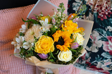 sunflower, mattiola, rose, Tulip, Alstroemeria, pistachio, Narcissus, bouquet, wedding, flowers, flower, rose, roses, white, pink, bridal, floral, bride, love, bunch, marriage, celebration, beautiful,