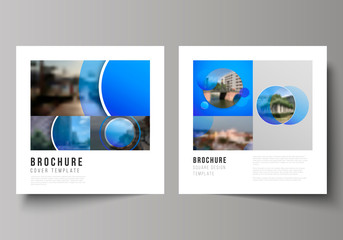 The minimal vector illustration of editable layout of two square format covers design templates for brochure, flyer, magazine. Creative modern blue background with circles and round shapes.
