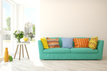 White stylish minimalist room with colorful sofa and summer landscape in window. Scandinavian interior design. 3D illustration