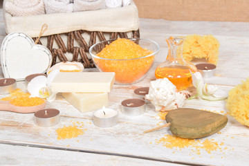 home spa, candles, pumice, natural soap, dry powder for making a face mask,heart and orchid for mother's day
