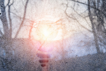 A print of idea lightbulb at the wet morning glass.