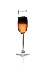 Rose pink champagne glass with bubbles isolated on white background