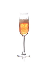 Rose pink champagne glass with bubbles isolated on white background