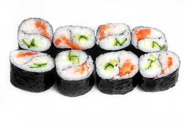 close up of sashimi sushi set, roll on white plate