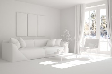 White stylish minimalist room in grey color with sofa and winter landscape in window. Scandinavian interior design. 3D illustration