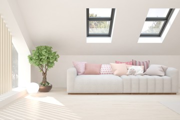 White stylish minimalist room with sofa. Scandinavian interior design. 3D illustration