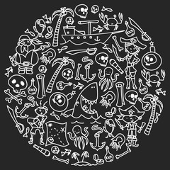 Vector set of pirates children's drawings icons in doodle style. Painted, black monochrome, chalk pictures on a blackboard.