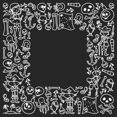 Vector set of pirates children's drawings icons in doodle style. Painted, black monochrome, chalk pictures on a blackboard.