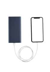Power bank and smartphone on white background. The smartphone is charging from the power bank.