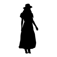 Woman with hat standing in long dress, isolated vector silhouette