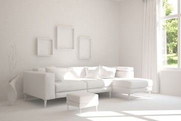 Stylish room in white color with sofa and green landscape in window. Hight resolution image. Scandinavian interior design. 3D illustration